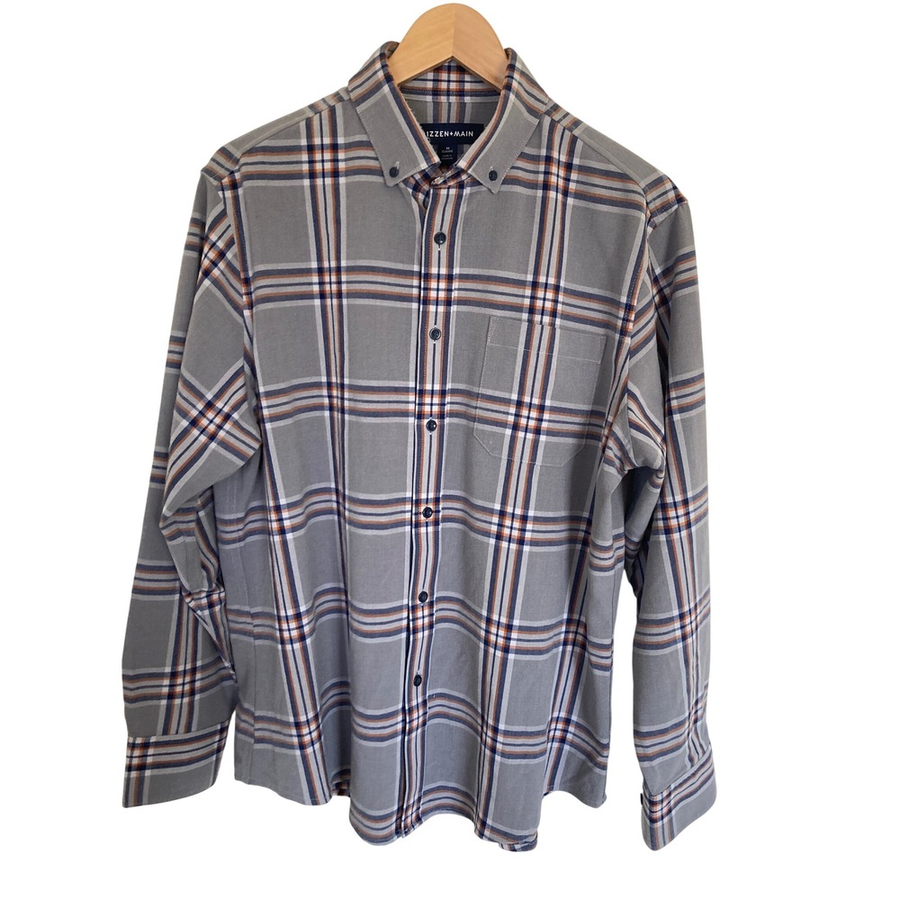 Mizzen+Main Mens Classic Fit Plaid Button Down Shirt Grey Orange Blue 1WS-0791 M